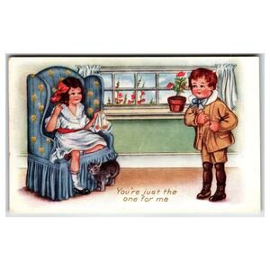 1921 Whitney Made Postcard Children Boy Girl Cat "You're Just the One for Me"